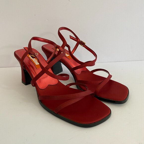 Vintage Y2K Unlisted Red Square Toe Open Toe Heeled Sandals Womens 10 Strappy - Picture 1 of 5